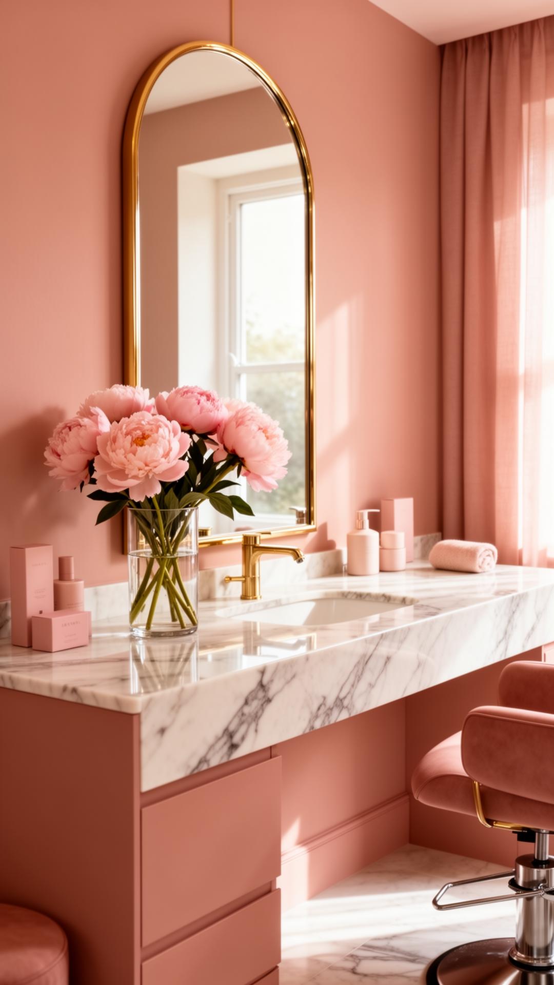 Eleganckie wnętrze salonu kosmetycznego w pudrowych różach z marmurową toaletką